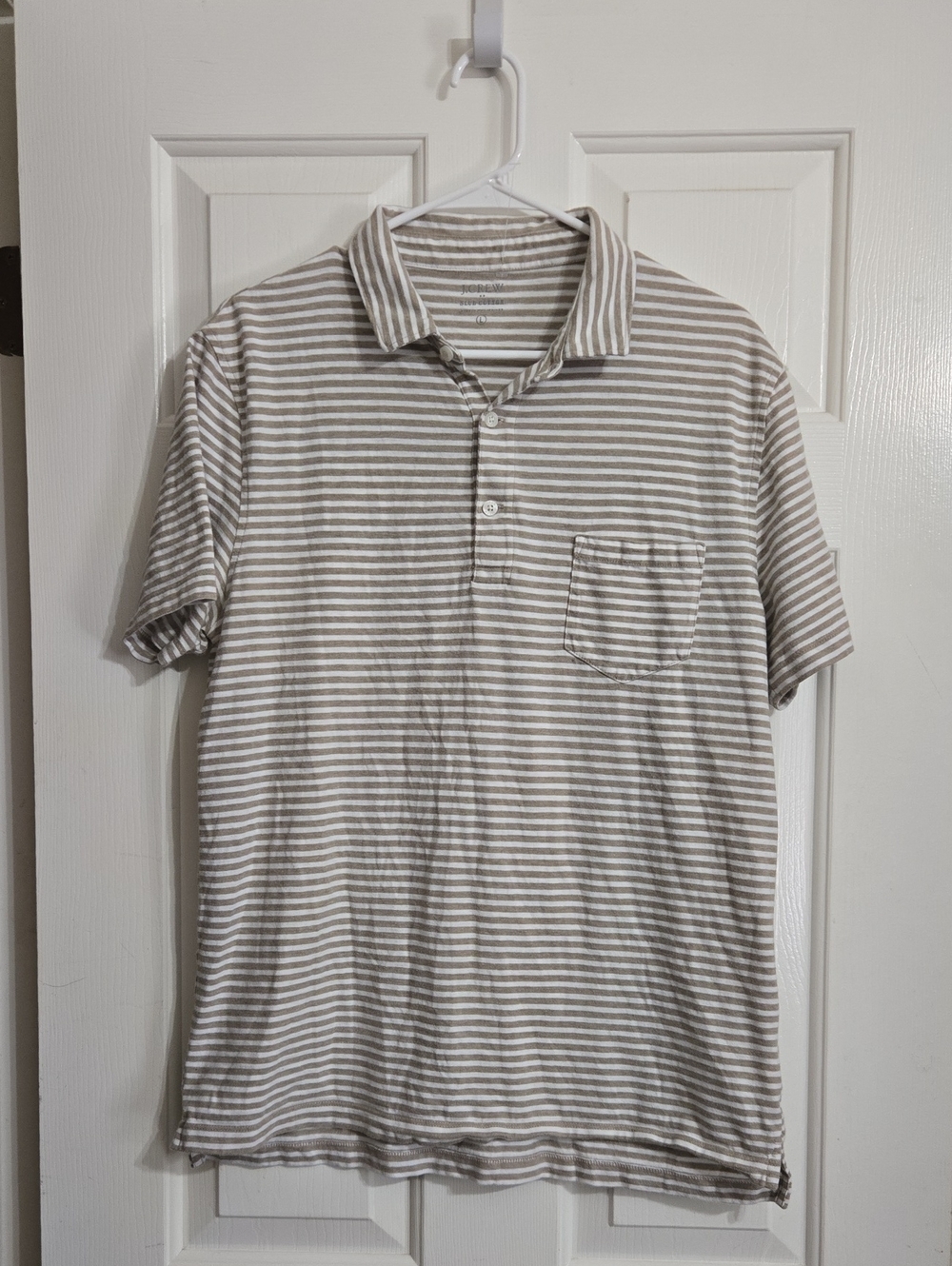 J. Crew Beige and White Striped Short-Sleeve Polo
